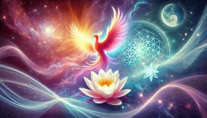 Une scène céleste représentant un éveil spirituel, avec un phénix lumineux s’élevant d’une lumière radieuse, un lotus blanc en pleine floraison et la Fleur de Vie se fondant subtilement dans l’arrière-plan cosmique. L’ensemble est baigné de teintes douces de rose, violet, bleu et vert, traversé par des ondes d’énergie harmonieuses. L’image symbolise la renaissance, l’illumination et la transformation spirituelle dans une atmosphère sereine et mystique.