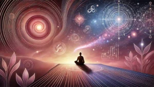 Une image montrant une personne assise confortablement en état de transe hypnotique, les mains reposant doucement sur ses genoux. Autour d’elle, une spirale de lumière et des symboles hypnotiques abstraits tourbillonnent, symbolisant le processus d’entrée en hypnose. En arrière-plan, des chemins lumineux subtils apparaissent, représentant l’ouverture de l’esprit subconscient. La palette de couleurs, composée de teintes chaudes et apaisantes de rose, violet et bleu, crée une atmosphère paisible et mystique, évoquant la relaxation, la concentration profonde et le pouvoir transformateur de l’hypnose.