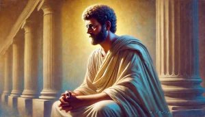 Illustration de Marc Aurèle, empereur stoïcien, assis en méditation dans un palais romain, incarnant la sagesse et la discipline intérieure.