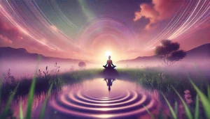 Une image représentant une personne assise en posture de méditation au lever du soleil, entourée d'une lueur douce et éthérée. Le ciel est teinté de nuances harmonieuses de rose, violet et vert, créant une ambiance paisible et introspective. Des ondulations lumineuses émanent doucement du méditant, symbolisant l’état de pleine conscience et la connexion avec l’instant présent. L'arrière-plan minimaliste accentue la sensation de calme et de profonde introspection.