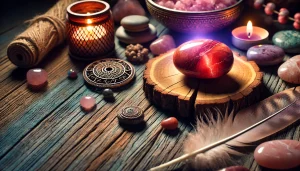 Gros plan sur une pierre de jaspe rouge rayonnant d’une énergie d’ancrage, accompagnée d’autres objets spirituels comme une bougie et une plume. L’image évoque l’importance des pierres d’ancrage et des objets énergétiques pour favoriser la stabilité et l’harmonie.