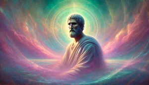 Illustration de Plotin, philosophe du néoplatonisme, méditant dans un paysage mystique, baigné d’une lumière dorée représentant l’élévation spirituelle.