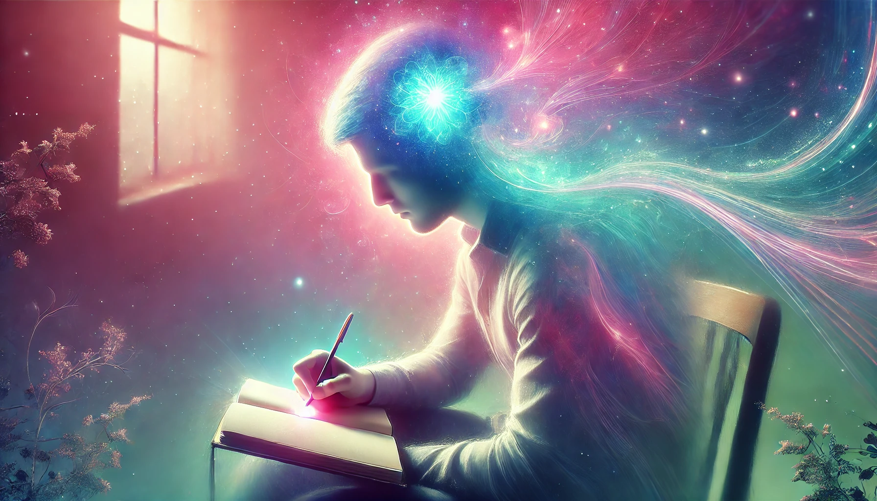 Personne en pleine introspection qui pose des questions à son inconscient en écrivant dans un carnet, entourée d’une aura lumineuse subtile symbolisant la connexion à l’inconscient. L’image présente des teintes douces de rose, bleu, violet et vert, créant une atmosphère apaisante et mystique.