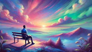 Personne assise sur un banc, contemplant un paysage majestueux au coucher du soleil. Le ciel aux teintes roses, bleues, violettes et vertes crée une ambiance sereine et introspective, symbolisant la réflexion philosophique et la quête de sens.