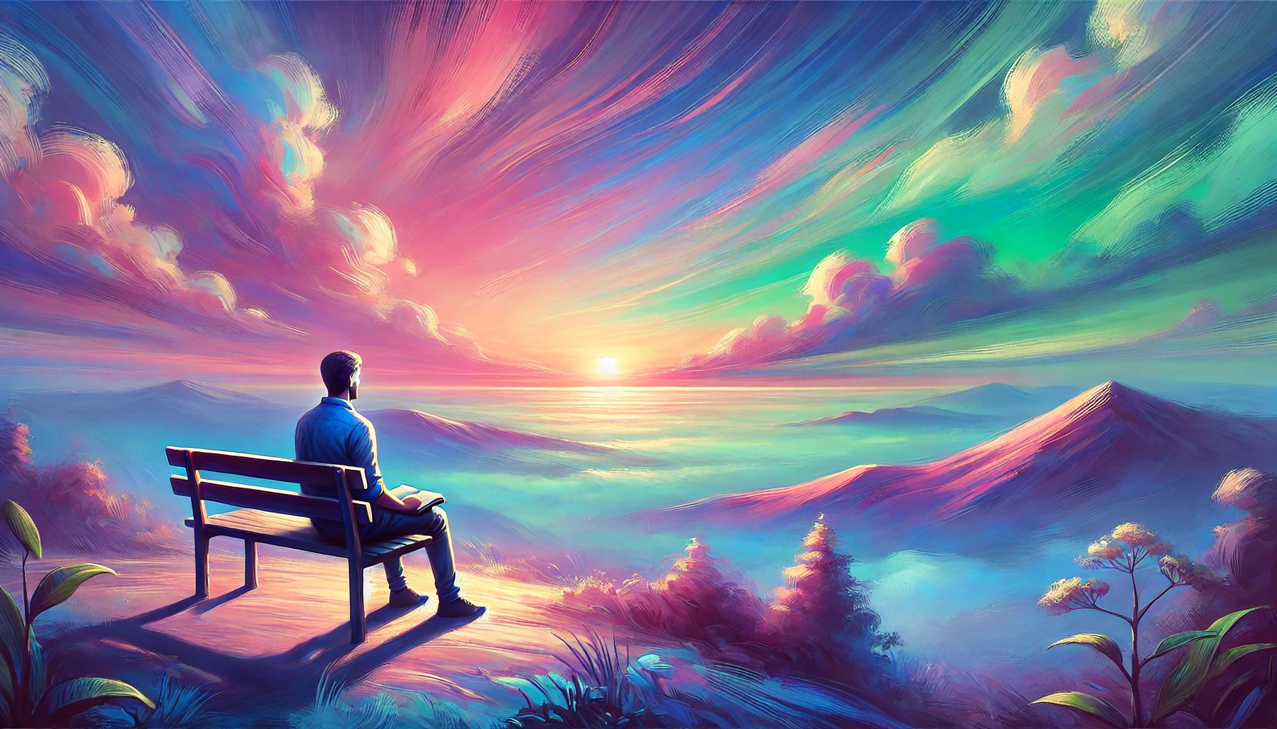 Personne assise sur un banc, contemplant un paysage majestueux au coucher du soleil. Le ciel aux teintes roses, bleues, violettes et vertes crée une ambiance sereine et introspective, symbolisant la réflexion philosophique et la quête de sens.