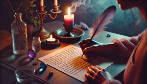 Une personne qui pratique le rituel de libération des fardeaux du passé en écrivant une lettre à la lueur de bougies, dans une ambiance spirituelle et apaisante. L'atmosphère est mystique avec des teintes douces de rose, violet, bleu et vert. Sur le bureau, des objets rituels comme des cristaux, une plume et un bol d'eau symbolisent la purification et la libération des fardeaux du passé.