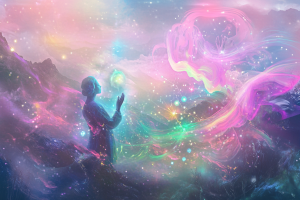 Une illustration spirituelle sereine d'une silhouette priant, les mains jointes dans un paysage éthéré, entourée de lumières douces et de formes énergétiques représentant des guides spirituels. La scène présente des couleurs dominantes de rose, bleu, violet et vert, créant une atmosphère mystique et tranquille. Le ciel est rempli d'étoiles scintillantes et de douces vagues lumineuses symbolisant des mondes subtils. Un halo radieux entoure la silhouette, suggérant une connexion divine et une guidance spirituelle.