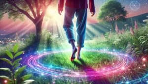 Une personne marchant pieds nus sur une herbe douce, baignée d’une énergie lumineuse aux teintes rose, bleu, violet et vert. L’image évoque la connexion profonde avec la Terre, la sensation de calme et l’harmonie énergétique offerte par la nature.