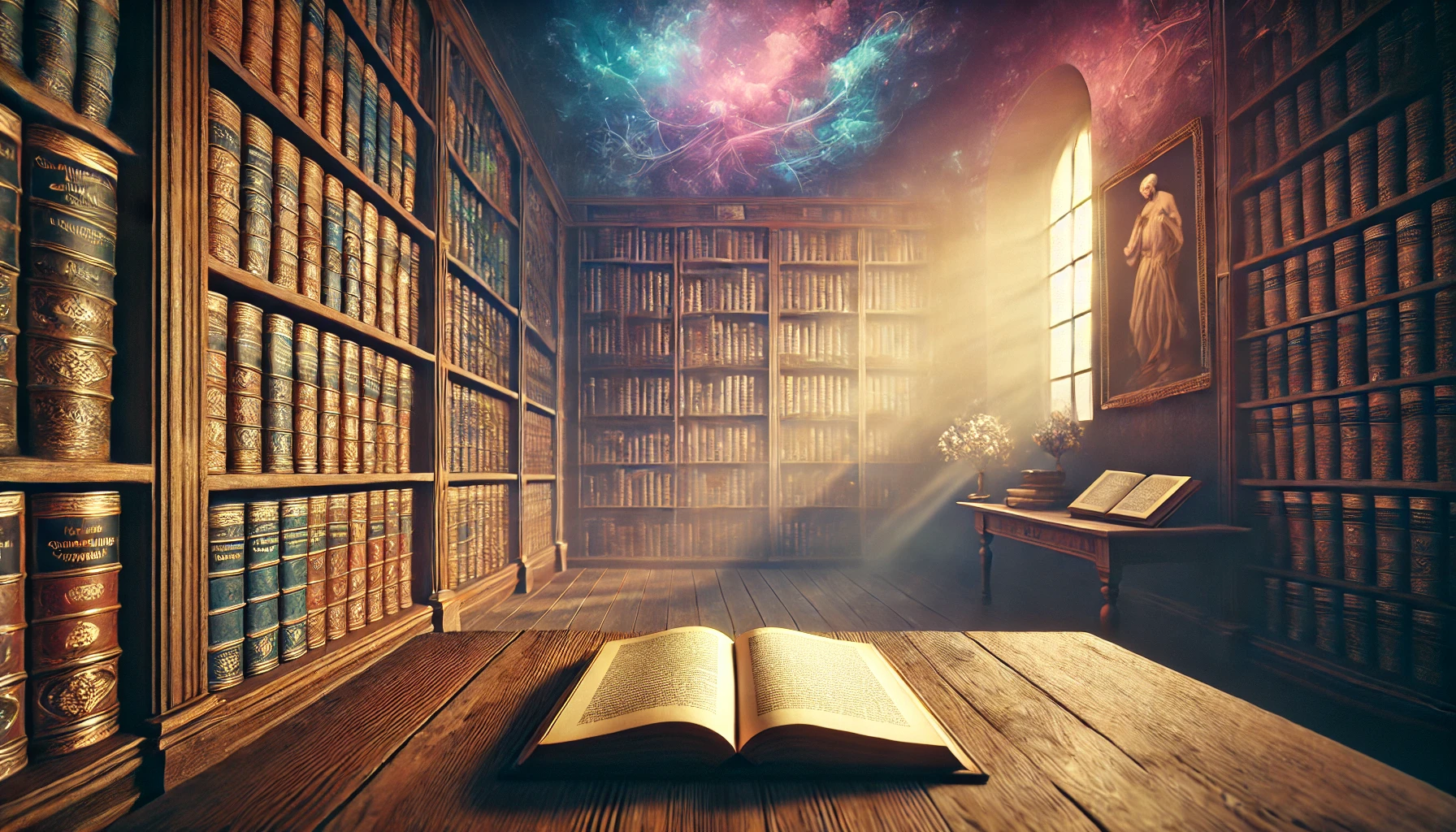 Bibliothèque philosophique inspirée de Schopenhauer, éclairée d’une lumière dorée et teintée de reflets subtils, évoquant la réflexion et le détachement.