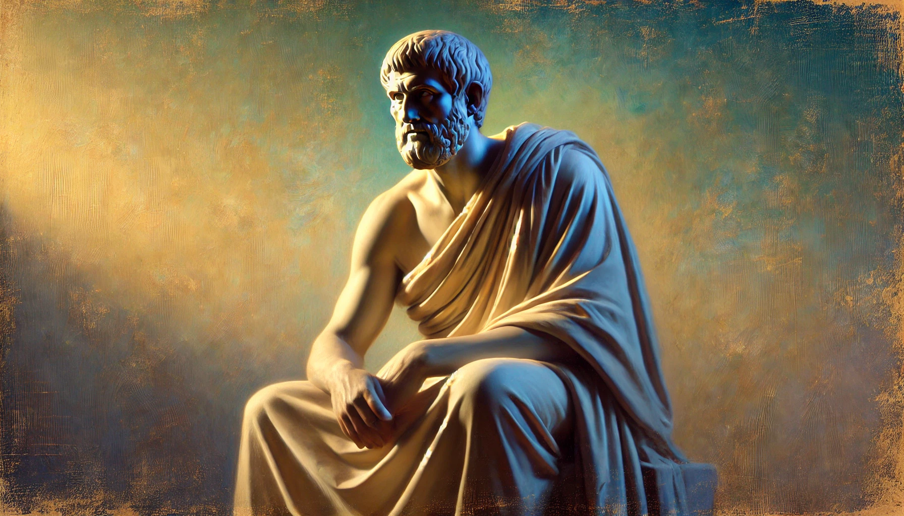 Illustration de Sénèque, philosophe stoïcien, assis en méditation dans un décor antique romain, symbolisant la sagesse et la maîtrise de soi.