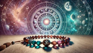 Collier de perles mala avec 108 perles et une perle Guru centrale, posé sur une surface lumineuse. En arrière-plan, une carte astrologique représentant les 108 divisions du zodiaque védique et les proportions cosmiques entre le Soleil, la Lune et la Terre. Aura spirituelle en teintes rose, bleu, violet et vert, évoquant l'harmonie énergétique et la signification sacrée du nombre 108.