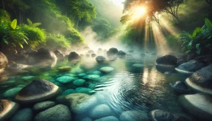 Source d’eau chaude naturelle entourée de roches lisses et de verdure luxuriante. De la vapeur s’élève doucement au-dessus de l’eau cristalline, créant une ambiance apaisante et mystique. La lumière matinale filtre à travers la brume, renforçant l’atmosphère de relaxation et de bien-être.