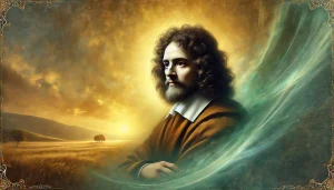Portrait contemplatif de Baruch Spinoza, entouré d’un paysage ouvert et baigné d’une lumière dorée, illustrant la quête de liberté intérieure et de sagesse.