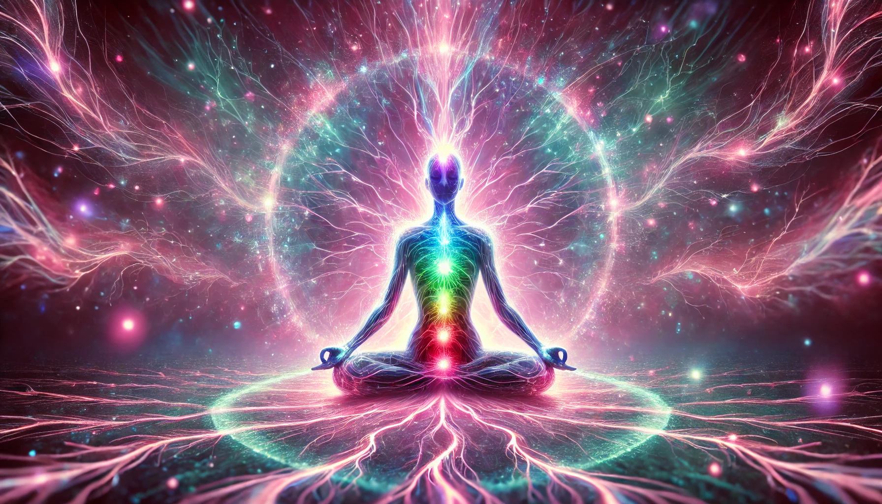 Illustration d'une personne en méditation, assise en position de lotus, entourée d'énergies lumineuses aux teintes rose, bleu, violet et vert. Des racines rayonnantes s'étendent vers la Terre, symbolisant l'ancrage spirituel et physique. L'image évoque l'équilibre énergétique, la pleine conscience et la connexion intérieure.
