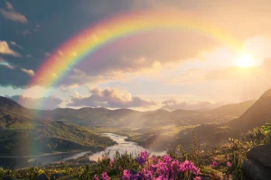 Une représentation très détaillée et vibrante d'un arc-en-ciel complet s'étendant sur un ciel mystique. La scène mélange le réalisme avec une touche de magie, capturant le symbolisme de chaque teinte. L'arc-en-ciel émerge d'un paysage serein avec des montagnes, rivières et un soleil doré, reflétant une spiritualité et une harmonie profondes.