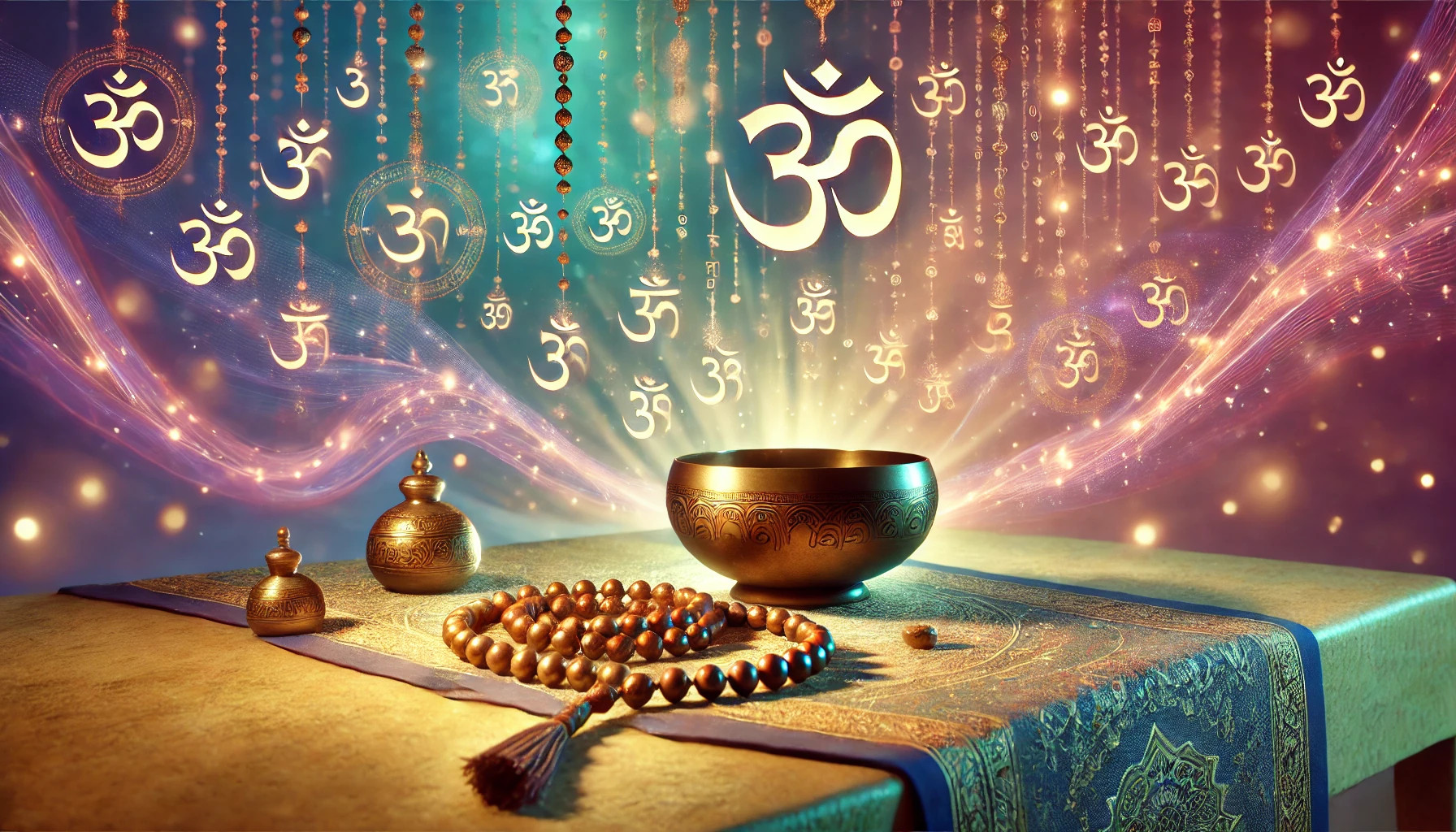 Image spirituelle représentant des lettres sanskrites flottantes, dont le symbole 'ॐ' (Om), émettant une aura vibrante. Un mala repose sur une surface illuminée, entouré d’une énergie douce, tandis qu’un bol tibétain diffuse des ondes vibratoires dorées. L'arrière-plan présente une atmosphère mystique aux teintes rose, bleu, violet et vert, évoquant l’élévation du taux vibratoire et la puissance des mantras.