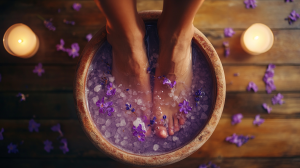 Vue de dessus d'une personne trempant ses pieds dans de l'eau chaude avec du sel de l'Himalaya, des pétales de lavande flottant, une énergie relaxante et curative, un parquet en bois naturel, un décor de type spa.