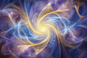 Une œuvre d'art spirituelle abstraite représentant la clairsentience. Des tourbillons éthérés de bleu, de violet et d'or se mélangent harmonieusement, symbolisant la perception extrasensorielle. De douces ondes d'énergie rayonnent du centre, évoquant une intuition accrue et une connexion à des forces invisibles. L'arrière-plan est rêveur et mystique, avec des éléments fluides suggérant le mouvement de l'énergie au-delà des sens physiques.