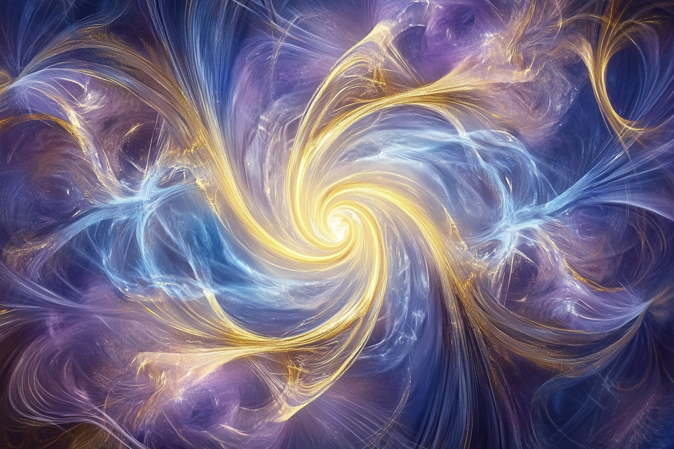 Une œuvre d'art spirituelle abstraite représentant la clairsentience. Des tourbillons éthérés de bleu, de violet et d'or se mélangent harmonieusement, symbolisant la perception extrasensorielle. De douces ondes d'énergie rayonnent du centre, évoquant une intuition accrue et une connexion à des forces invisibles. L'arrière-plan est rêveur et mystique, avec des éléments fluides suggérant le mouvement de l'énergie au-delà des sens physiques.