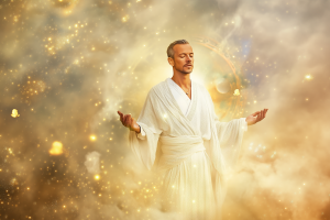 Un passeur d'âmes vêtu d'une robe blanche fluide, entouré de halos de lumière dorée et d'esprits translucides en quête de paix.