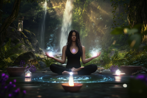 Une femme mystique dans une forêt sereine, assise en position du lotus, entourée d'orbes d'énergie lumineuses. Une douce lumière rayonne de ses paumes pendant qu'elle médite, avec une fumée de sauge purificatrice tourbillonnant autour d'elle. Des bols en cristal et des bougies sont placés dans un cercle sacré, émettant une aura paisible. En arrière-plan, une cascade se déverse dans un bassin clair, symbolisant la purification de l'eau. La scène est remplie de plantes vibrantes comme la lavande et la sauge, renforçant l'ambiance spirituelle.
