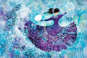 Une figure féminine rayonnante se purifiant avec du sel, entourée de vagues d'énergie, symbolisant la purification spirituelle et les hautes vibrations. La figure est baignée d'une lumière éthérée, avec des teintes bleues et violettes douces se fondant dans un arrière-plan paisible. Une énergie brumeuse circule autour, créant un sentiment d'harmonie, d'équilibre et de protection. Des motifs géométriques sacrés apparaissent subtilement dans l'aura.