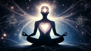 Une silhouette sereine, assise en méditation, les yeux clos, baignée d'une douce lumière rayonnante émanant de son front (troisième œil) et de sa poitrine (cœur). La silhouette est entourée d'un arrière-plan d'étoiles subtiles, d'ondes énergétiques et de symboles mystiques. L'interaction harmonieuse entre le cerveau et le cœur est visualisée par des connexions lumineuses éthérées, symbolisant l'harmonie entre logique et intuition. L'atmosphère est paisible, spirituelle et légèrement surréaliste, avec des tons chauds se mêlant harmonieusement.