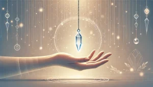 Pendule divinatoire suspendu au-dessus d’une main ouverte dans une ambiance spirituelle, illustrant l’utilisation intuitive d’un pendule lors d’une séance énergétique.