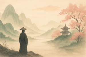 Peinture traditionnelle de paysage asiatique représentant un lettré en contemplation face à un temple et des montagnes brumeuses, entouré de cerisiers en fleurs, évoquant la sagesse, la nature et la sérénité confucéenne.