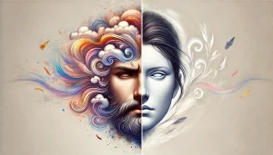 Illustration conceptuelle de l’ego sous forme d’un visage divisé en deux parties. Le côté gauche représente un individu dominé par son ego, avec des expressions de fierté, d’arrogance ou d’insécurité, entouré de pensées chaotiques. Le côté droit montre une personne sereine et équilibrée, en pleine conscience, avec un arrière-plan clair et apaisant. La transition entre les deux visages illustre le contraste entre un ego surdéveloppé et un état d’harmonie intérieure. Illustration artistique, légèrement abstraite, avec une ambiance spirituelle et introspective.