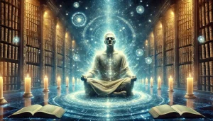 Illustration mystique d'Edgar Cayce, le Prophète Dormant, en état de transe méditative. Il est entouré d'une lumière éthérée symbolisant sa connexion aux Annales Akashiques. En arrière-plan, une vaste bibliothèque cosmique avec des parchemins flottants et des orbes lumineuses représente la sagesse universelle.