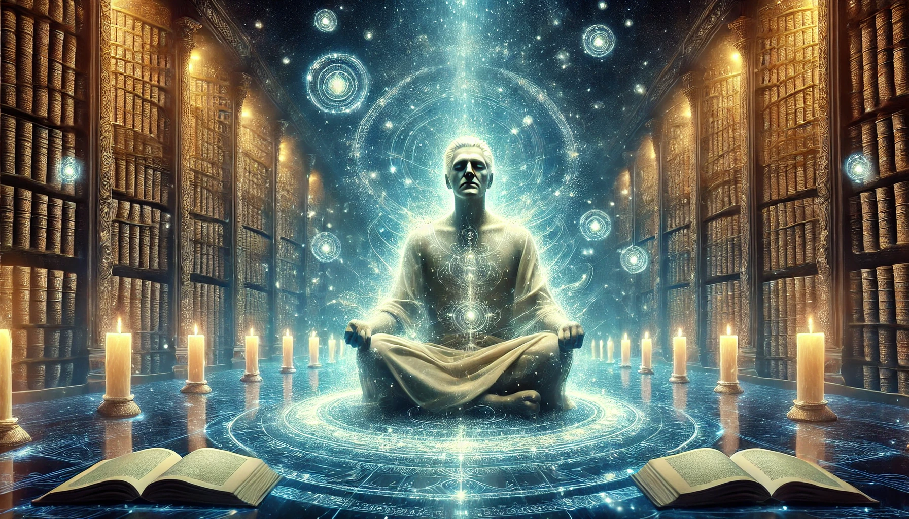 Illustration mystique d'Edgar Cayce, le Prophète Dormant, en état de transe méditative. Il est entouré d'une lumière éthérée symbolisant sa connexion aux Annales Akashiques. En arrière-plan, une vaste bibliothèque cosmique avec des parchemins flottants et des orbes lumineuses représente la sagesse universelle.