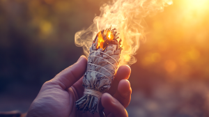 Gros plan d'une main tenant un bâton de sauge blanche brûlante, pour la fumigation. De la fumée tourbillonnant doucement dans l'air, une chaude lumière dorée dans une ambiance mystique et spirituelle. 