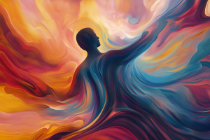 Représentation abstraite de vagues émotionnelles, mêlant chaos orageux et harmonie sereine. Couleurs vibrantes, énergie fluide, concept spirituel et artistique d'une personne.