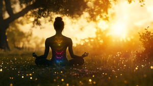 Une personne sereine méditant en plein air, entourée par la nature, de couleurs vibrantes, une aura radieuse autour de son corps, une douce lumière dorée du soleil.