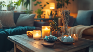 Une photographie intérieure haute résolution d'un espace de vie chaleureux et serein avec des cristaux, des bougies et de la sauge et de la lavande sur une table en bois, une énergie paisible remplissant la pièce, une lumière naturelle chaleureuse, une atmosphère harmonieuse et purifiée.