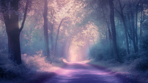La voie du Tao: Chemin baigné d'une douce lumière pastel, entouré de grands arbres aux feuilles vert clair, atmosphère rose et violet doux, ambiance paisible et harmonieuse