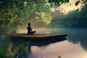 Scène paisible d'une personne assise en tailleur sur une plateforme en bois près d'un lac paisible, entourée d'une végétation luxuriante et d'une douce lumière dorée. La personne apparaît calme et l'atmosphère évoque une profonde relaxation, la sérénité et l'art du lâcher prise.