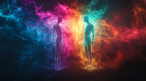 Une image de deux silhouettes humaines se faisant face, entourés d'une aura énergétique et colorée représentant la relation énergétique, sur un fond sombre.