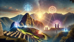 Montage mystique des lieux sacrés énergétiques, incluant Machu Picchu, Mont-Saint-Michel, Uluru et les alignements de Carnac, reliés par des lignes d’énergie lumineuses sous un ciel spirituel.
