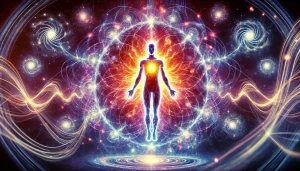 Silhouette humaine rayonnante entourée d’ondes énergétiques et de lumières vibratoires, symbolisant l’élévation spirituelle et la manifestation de la conscience divine.