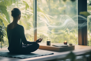 Un espace de méditation serein avec une personne pratiquant des exercices de respiration profonde, les yeux fermés, assise en position du lotus. Une douce lumière dorée filtre à travers de grandes fenêtres, projetant une lueur apaisante sur la scène. De subtiles vagues d'énergie ou des traînées lumineuses représentent visuellement le flux de la respiration et la cohérence cardiaque. Un espace d'écriture paisible à proximité - un bureau en bois avec un journal ouvert, une bougie et une tasse de tisane. L'arrière-plan est minimaliste, avec de la verdure floue, évoquant la pleine conscience et l'équilibre intérieur. Un sentiment de relaxation profonde, de régulation émotionnelle et de connexion au moment présent.