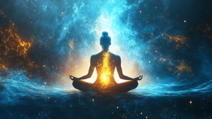 Une personne méditant et pratiquant le nettoyage énergétique sur soi avec un champ d'énergie lumineux entourant son corps, une aura douce dorée et bleue rayonnant des vibrations positives, une atmosphère spirituelle et paisible.