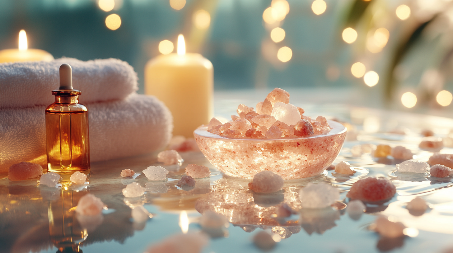 Un bol luxueux de sel d'Himalaya posé près d'une bougie allumée et de serviettes éponges, une flacon d'huile essentielles et des cristaux flottant sur l'eau, des bougies illuminant la scène, une atmosphère de spa relaxante, des couleurs pastel douces.