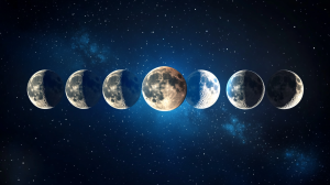 Image des phases lunaires: Nouvelle Lune, Croissant croissant, Premier Quartier, Lune gibbeuse croissante, Pleine Lune, Lune gibbeuse décroissante, Dernier Quartier et Croissant décroissant.