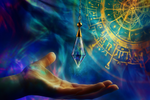 Pendule en cristal suspendu, oscillant au dessus d'une aiguille ouverte ou d'un cadran de radiesthésie.