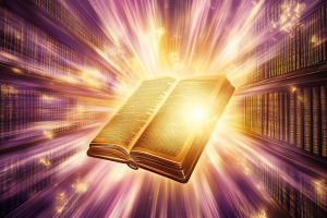 Une immense bibliothèque d'archives Akashiques flottant dans un espace éthéré, violet et rose, avec des rayons de lumière dorée illuminant d'anciens manuscrits. Vortex énergétiques et symboles ésotériques gravés sur les murs. Atmosphère mystique et spirituelle.