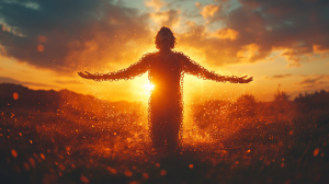 La silhouette d'une personne se libérant de ses chaînes sous un coucher de soleil chaleureux, baignée de rayons de lumière dorée et orangée douce, symbolise la libération des croyances limitantes et la transformation intérieure. La silhouette se tient debout, les bras ouverts, dans une pose majestueuse et puissante, sur fond de paysage naturel paisible avec de subtiles montagnes ou collines en arrière-plan.