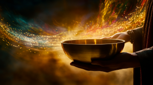 Gros plan des mains d'une personne tenant un bol chantant tibétain, ondes sonores et vibrations énergétiques rayonnant vers l'extérieur, lueur mystique et spirituelle.