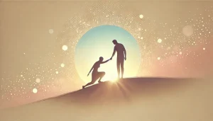Deux silhouette représentant l'entraide et la compassion, illustrant symboliquement le syndrome du sauveur et le soutien émotionnel. L'un aidant l'autre à se relever.